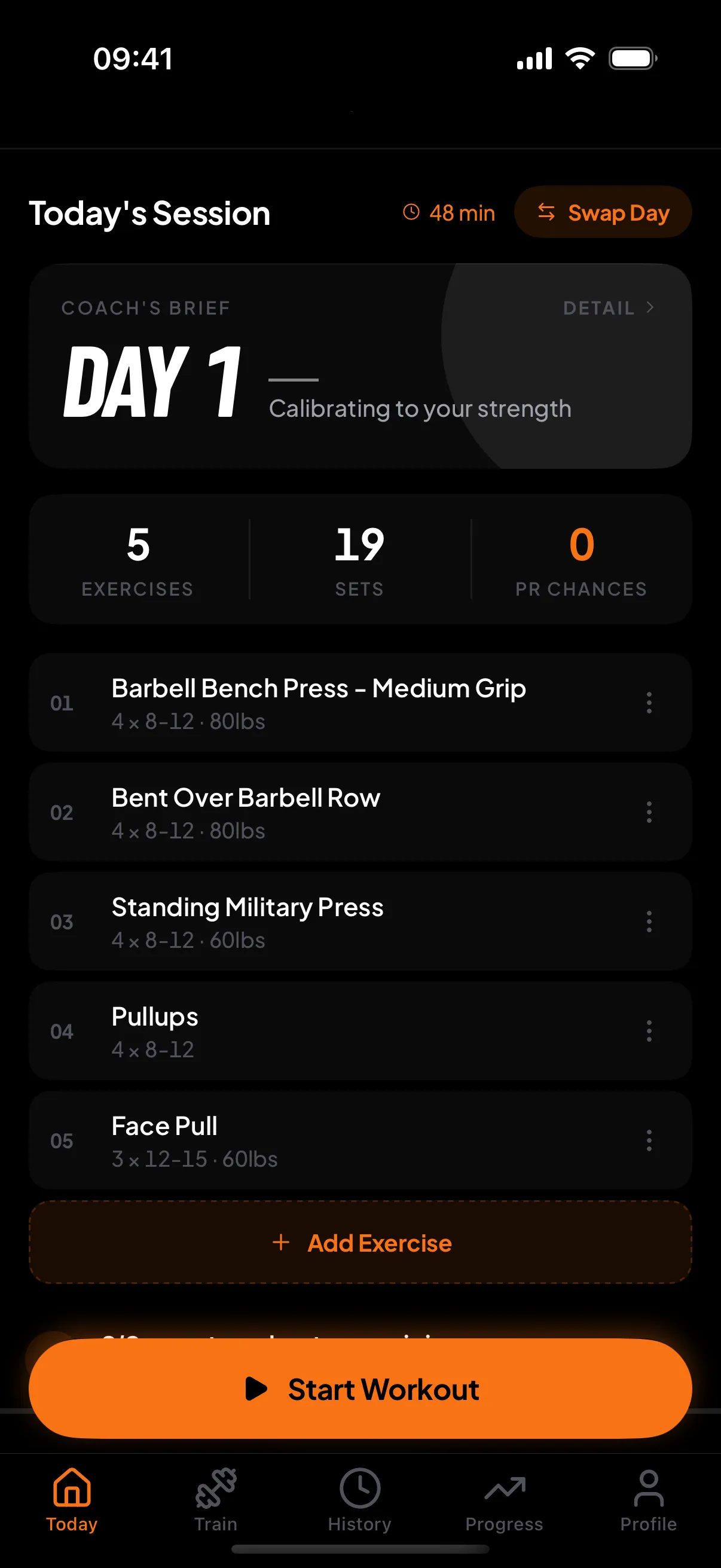 RepStack’s Today’s Session screen: Day 1 with 5 exercises and 19 sets queued, each lift listed with target sets, reps and weight above a Start Workout button.